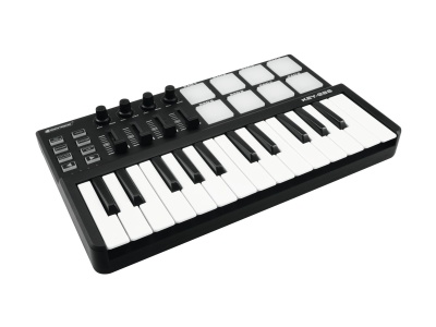 Controlador MIDI teclado preto com 25 teclas, pads e botões