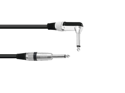 Cabo de áudio preto com fichas metálicas, uma reta e outra em ângulo