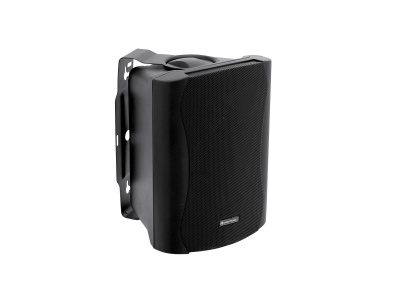 Coluna de som preta com suporte metálico para parede