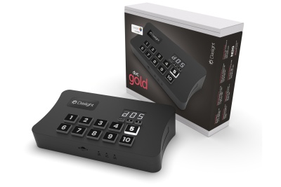 Dispositivo numérico preto OligoT com botões e visor digital, ao lado da embalagem