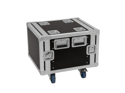 Estojo de transporte preto com bordas metálicas e rodas azuis