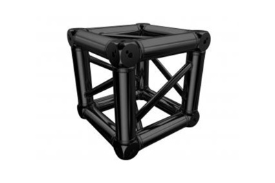 Estrutura cúbica preta com tubos e reforços cruzados