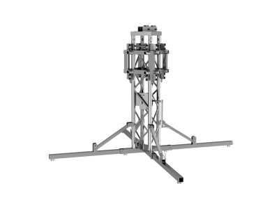 Suporte metálico prateado com pernas cruzadas e topo ajustável