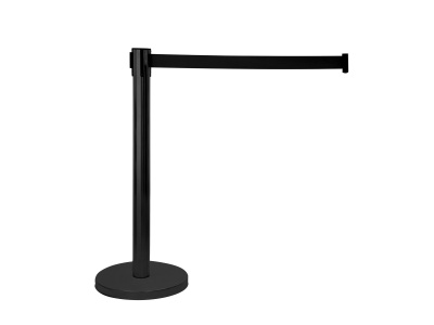 Barreira de fila preta com cinta extensível e base redonda