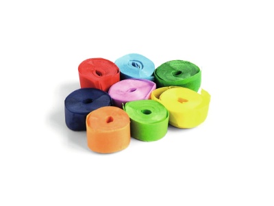 Oito rolos de fita colorida em diversas cores sobre fundo branco.