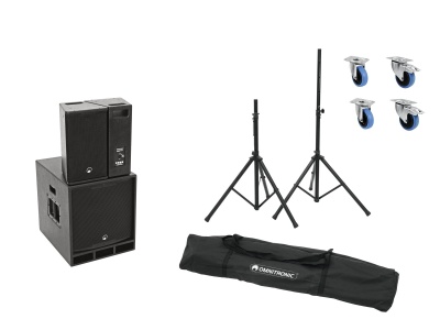 Conjunto audio com colunas pretas, subwoofer, tripés, rodas e bolsa preta