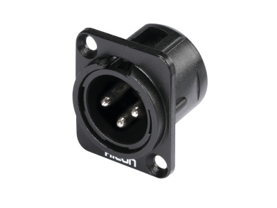 Conector XLR de 3 pinos preto com marcação parcial 'neun'