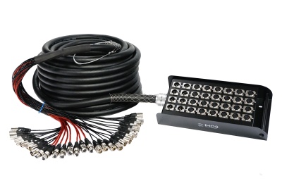 Equipamento áudio com múltiplos conectores XLR e cabo espesso