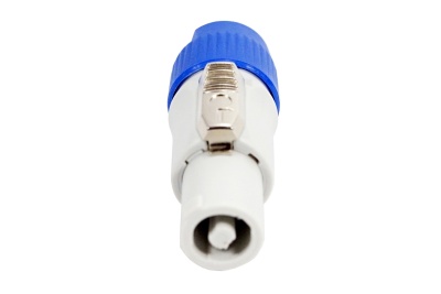 Conector elétrico branco e azul com grampo metálico