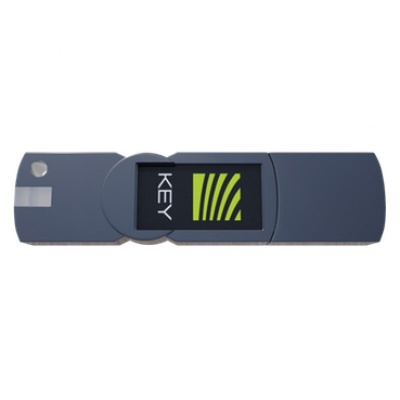 Pen USB cinzento escuro com ecrã digital e palavra 'KEY'