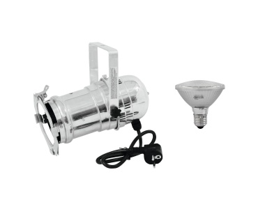 Luz de palco metálica prateada com lâmpada PAR30 preta ao lado.