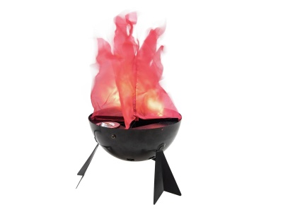 Churrasqueira metálica preta com chamas simuladas em tecido vermelho e laranja