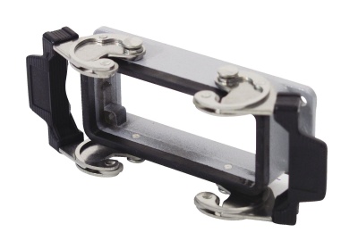 Suporte retangular em metal e plástico com ganchos prateados.