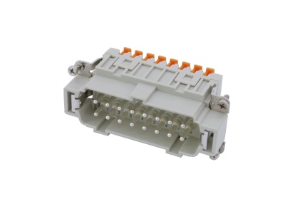 Conector elétrico retangular cinza com pinos metálicos e alavancas laranja