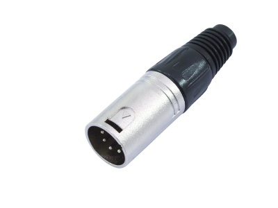 Conector XLR masculino prateado com pinos e cabo preto