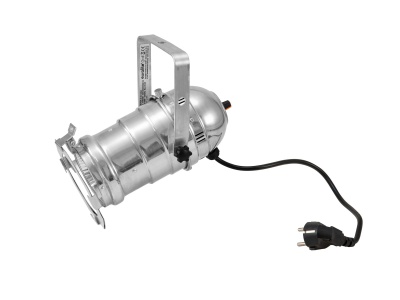 Projetor teatral metálico prateado com cabo preto em fundo branco