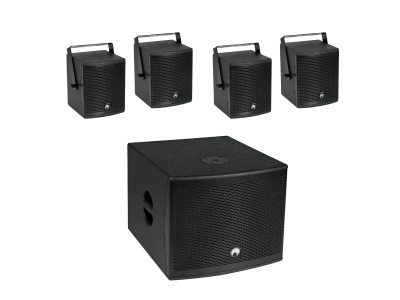 Conjunto de colunas de som pretas com subwoofer