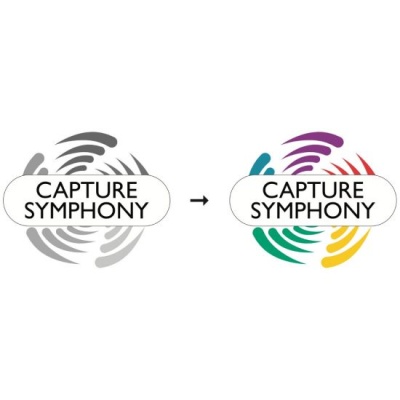 Logotipo CAPTURE SYMPHONY em versões cinzenta e colorida lado a lado com uma seta entre eles