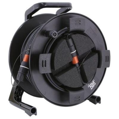 Carretel de cabo preto com conectores laranja e preto