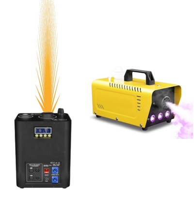 Máquinas para efeitos especiais preta e amarela a emitir faíscas e fumo