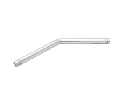 Tubo metálico prateado com ângulo de 45 graus e extremidades com rebordos.