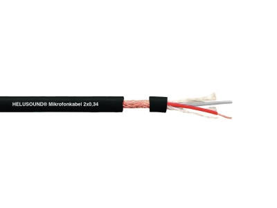 Cabo microfone preto com fios internos expostos e texto HELUSOUND® Mikrofonkabel 2x0,34