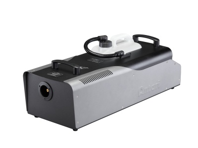 Máquina de névoa metálica cinzenta e preta com depósito branco