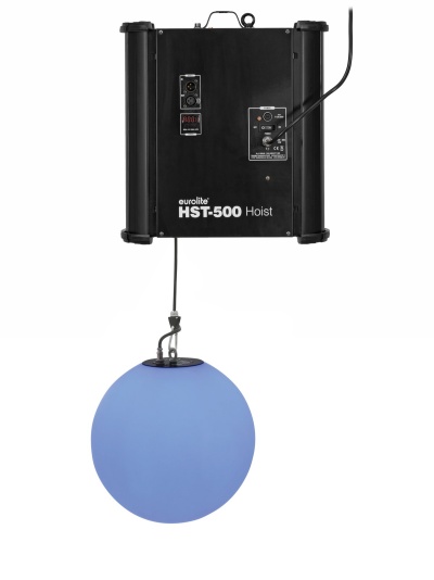 Elevador Eurolite HST-500 Hoist preto com esfera luminosa azul suspensa