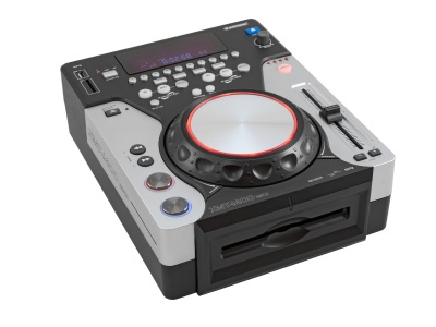Leitor de CD DJ Numark NDX500 preto e prateado com roda de toque vermelha