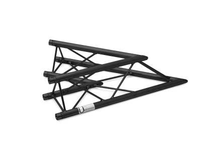 Estrutura triangular metálica preta com etiqueta e barras cruzadas