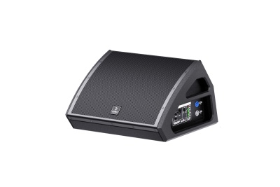 Coluna de som preta trapezoidal com painel de controlo na lateral