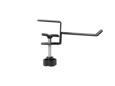 Suporte metálico preto com parafuso de aperto manual em fundo branco