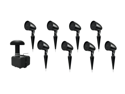 Conjunto de oito projetores exteriores pretos com suporte pontiagudo e equipamento adicional preto