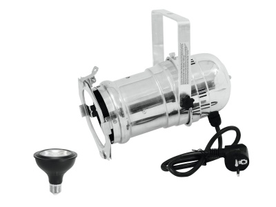 Projetor metálico prateado com peça preta e cabo de alimentação