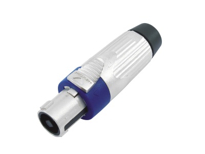 Conector macho metálico azul e preto para cabos de áudio ou vídeo