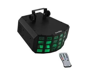 Luz de palco preta com lentes verdes e comando remoto branco