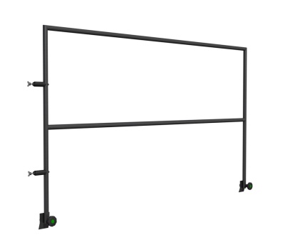 Estrutura metálica preta retangular com botões verdes e rodas