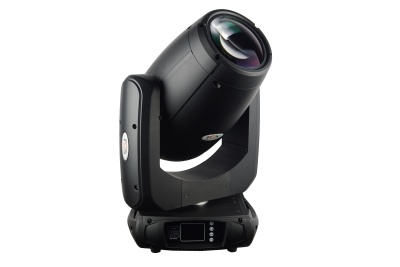 Luz cênica móvel preta com lente grande sobre fundo branco