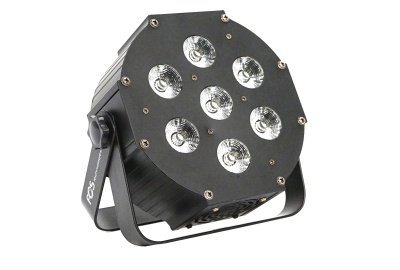 Luz LED de palco preta com oito lentes em fundo branco