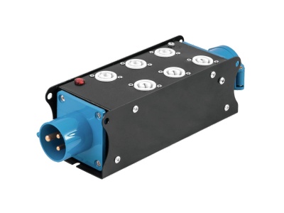 Extensão elétrica industrial metálica preta com tomadas azul