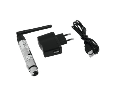 Adaptador USB preto, cabo micro USB e antena com etiquetas sobre fundo branco
