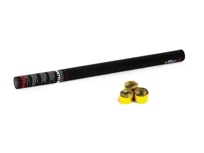 Tubo preto cilíndrico e três discos amarelos com topo dourado sobre fundo branco