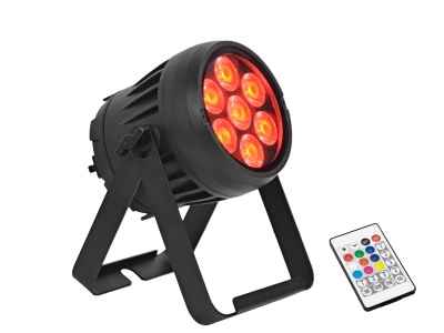 Refletor LED preto com sete luzes vermelhas e comando remoto colorido