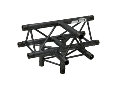 Estrutura metálica preta em forma de treliça com tubos cilíndricos