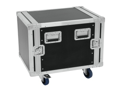 Caixa de transporte preta com armação metálica e rodas azuis