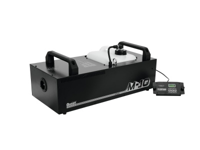 Máquina de fumos metálica preta com depósito branco e controlo remoto