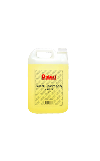 Garrafa plástica translúcida com líquido amarelo e etiqueta amarela com texto Antari SUPER HEAVY FOG