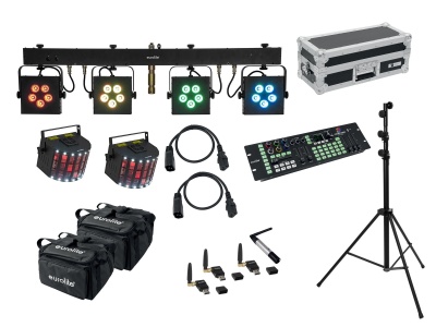 Conjunto de iluminação de palco com luzes, controladora, tripé, cabos, bolsas e caixa de transporte