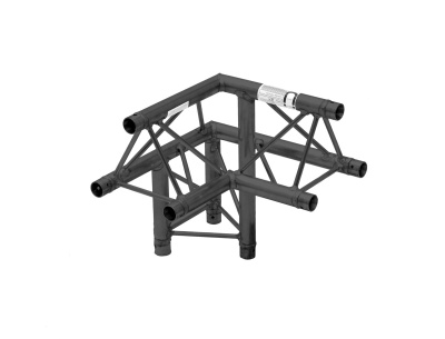 Estrutura metálica preta em formato de canto com tubos cilíndricos e travessas diagonais