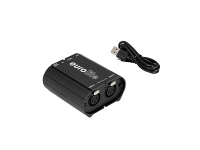 Interface de áudio EuroLite ALF USB preta com cabo USB.